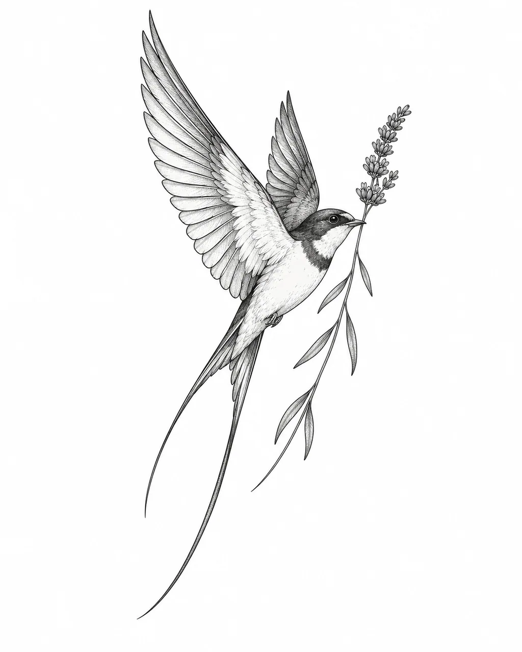Fine line swallow carrying a lavender sprig tattoo design