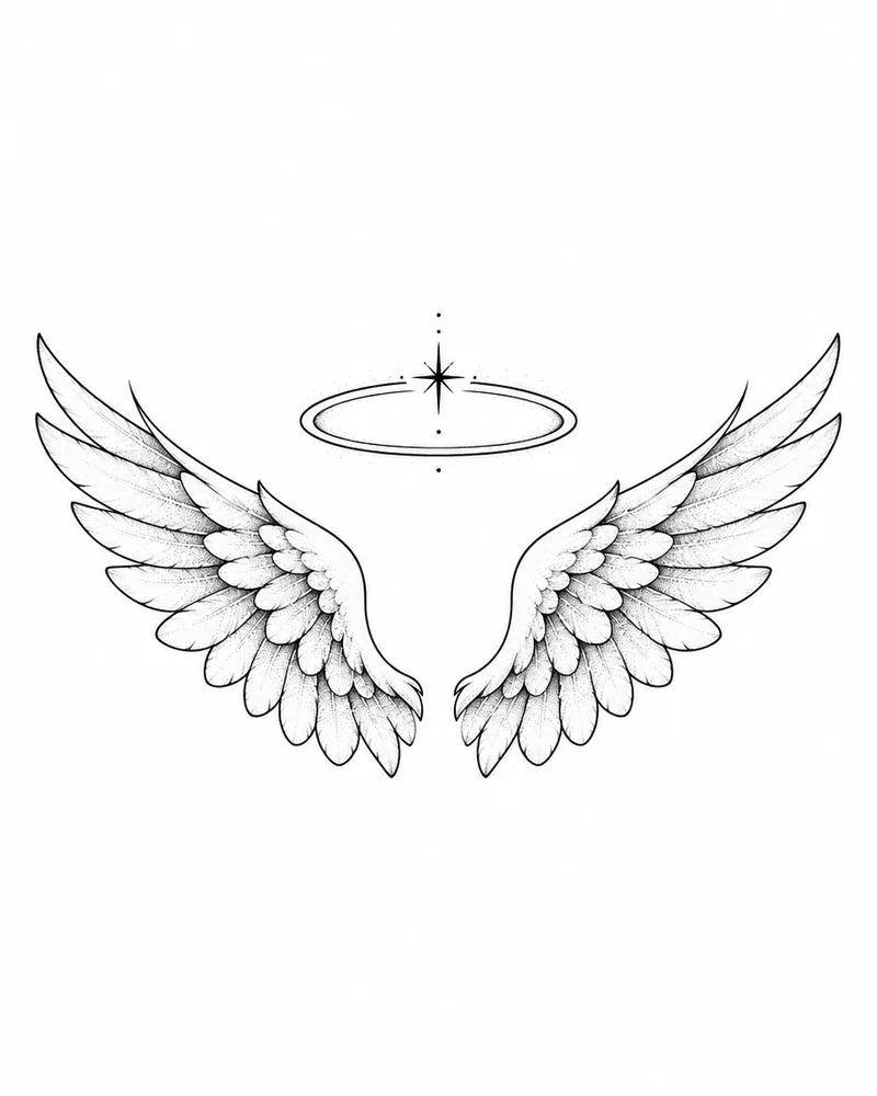 Fine line angel wings tattoo design with a thin halo, black ink, for the wrist