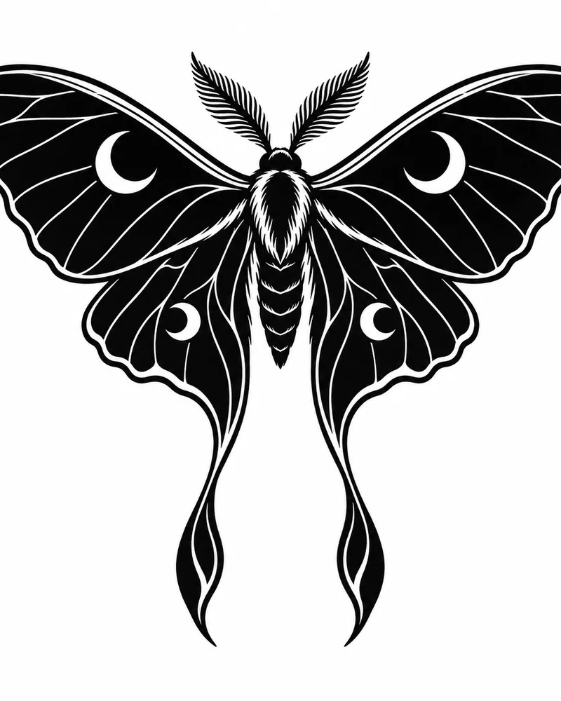 Blackwork butterfly tattoo design of a luna moth with negative-space crescents, for the hand
