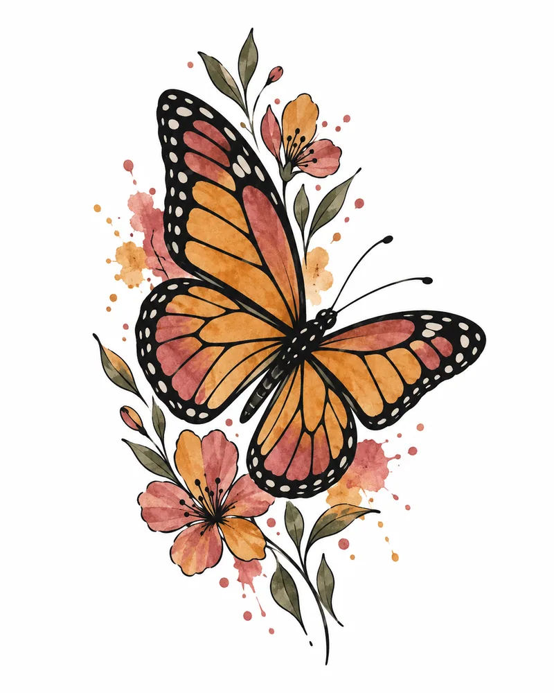 Watercolor butterfly tattoo design in flight with soft ochre and rose washes, for the upper arm