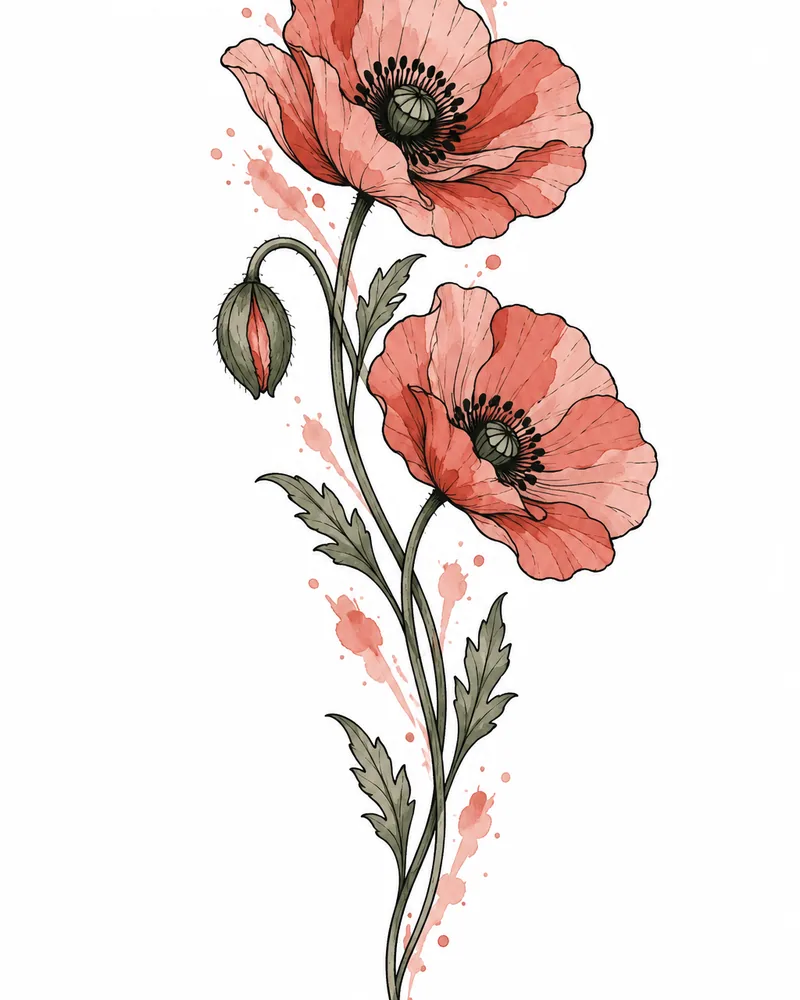 Watercolor flower tattoo design of two poppies on curving stems, for the forearm