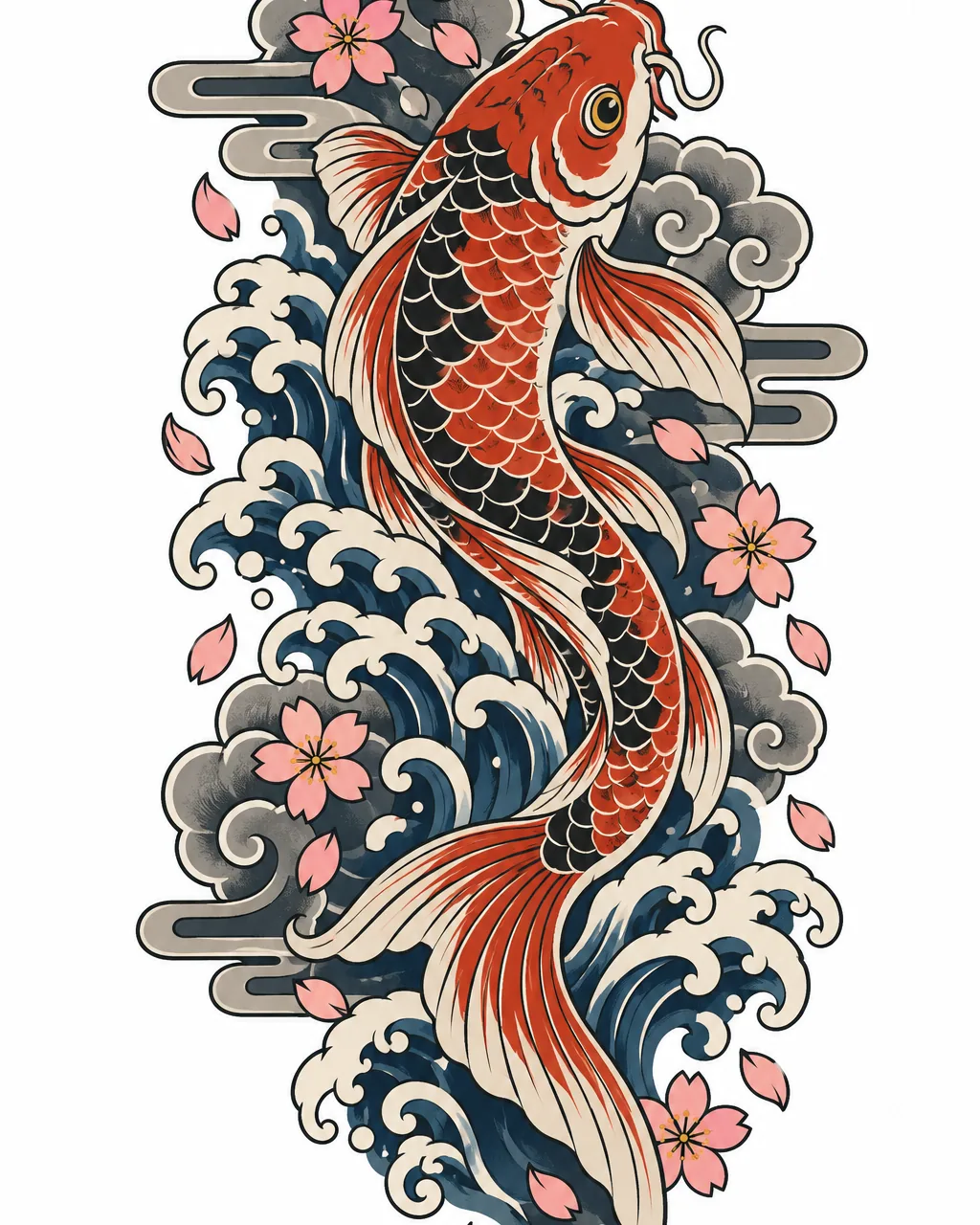 Japanese koi fish tattoo design swimming upward through waves with cherry blossoms, in color, for the calf