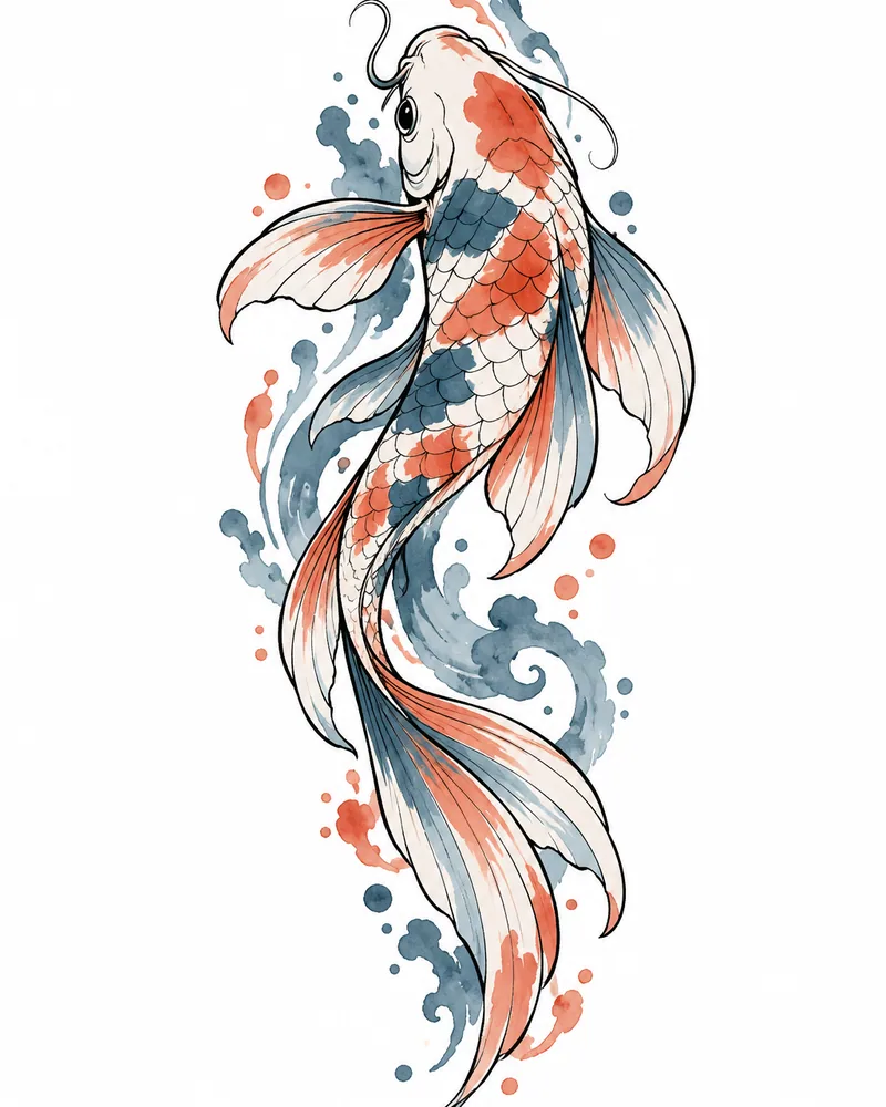 Watercolor koi fish tattoo design with flowing fins in coral and slate blue, for the forearm
