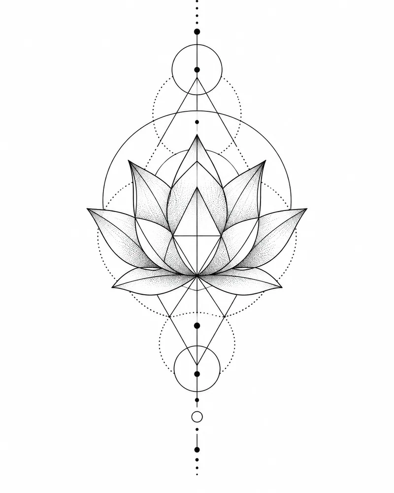 Geometric lotus tattoo design built from triangles and circles, for the back of the neck
