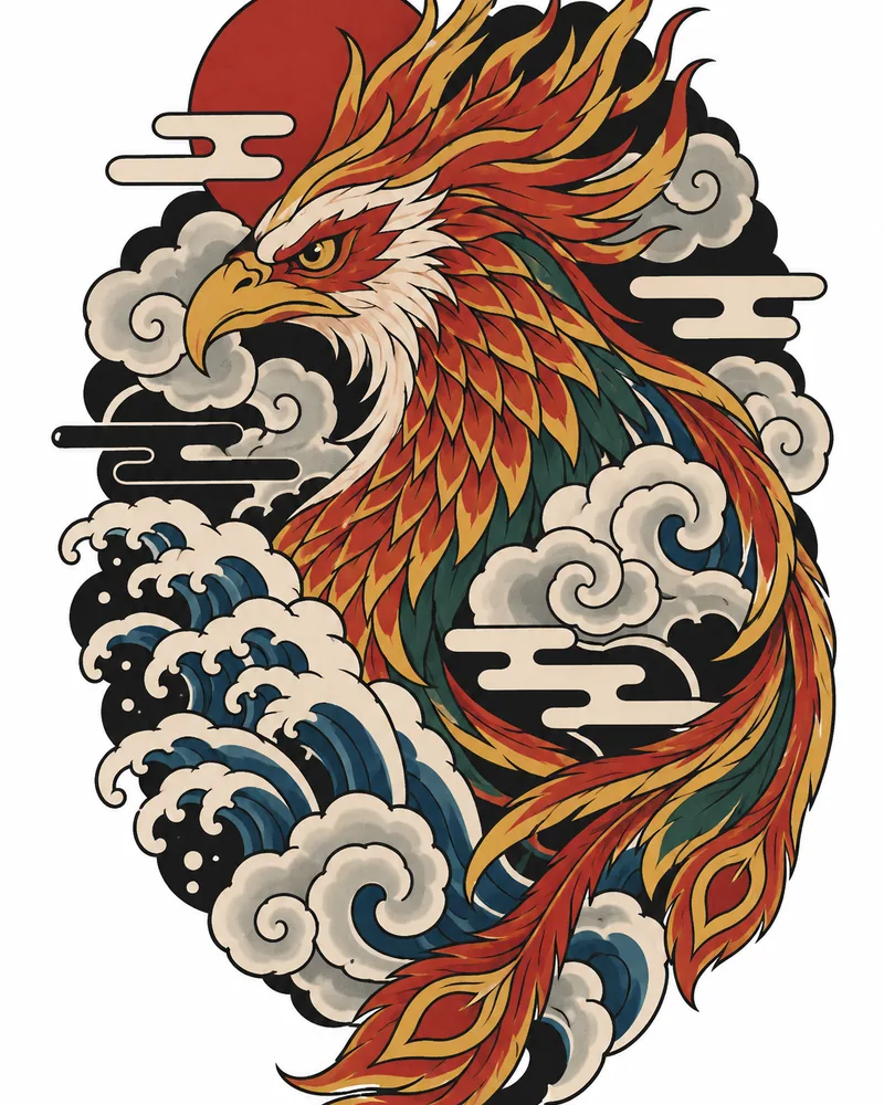 Japanese phoenix head tattoo design with flame-like crest feathers, in color, for the upper arm