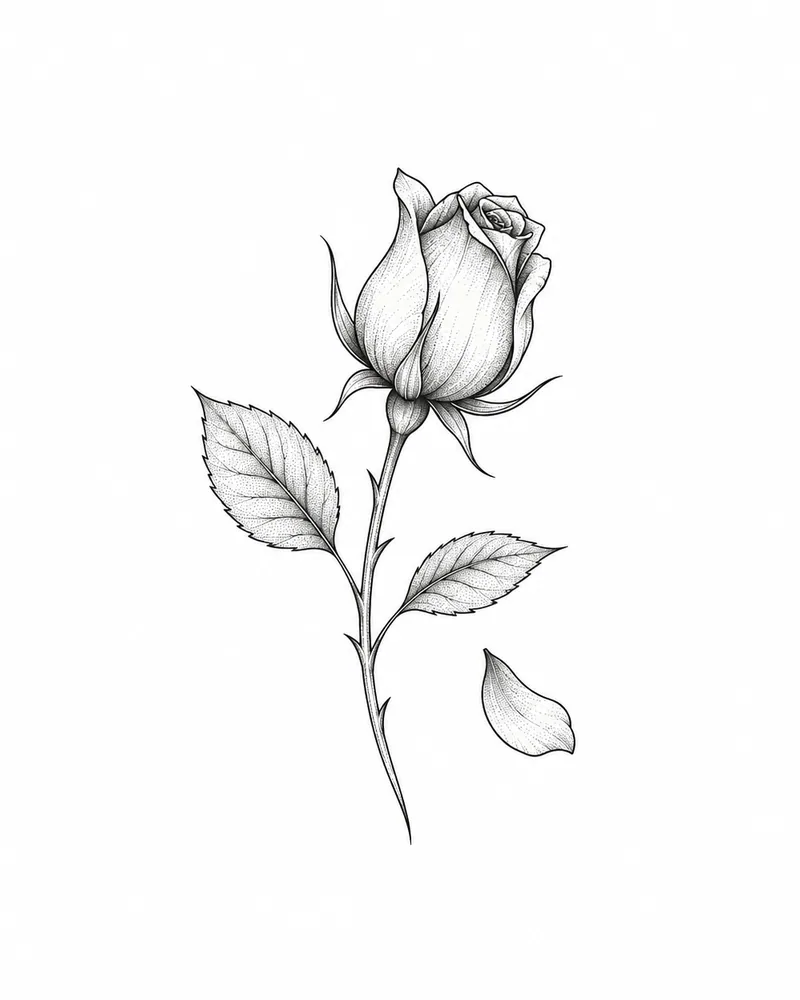 Fine line rose tattoo design of a half-open bud with a falling petal, black ink, for the wrist