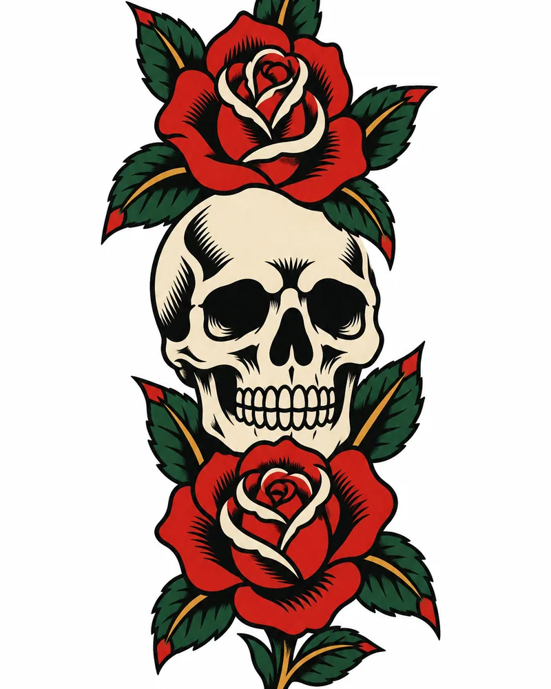 American traditional skull tattoo design between two red roses, for the forearm