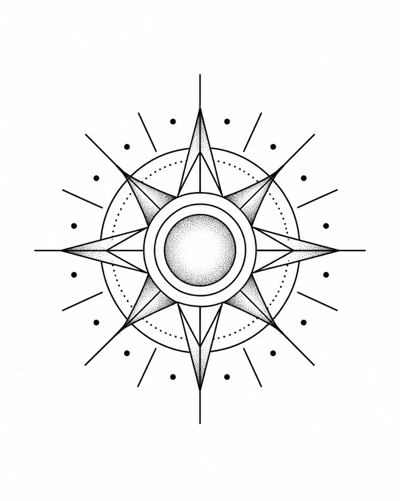 Geometric sun tattoo design of nested circles and straight rays, black ink, for the wrist